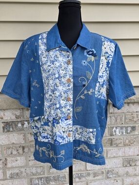 Koret City Blues Patchwork Embroidered Floral Denim Shirt Jacket NWT L